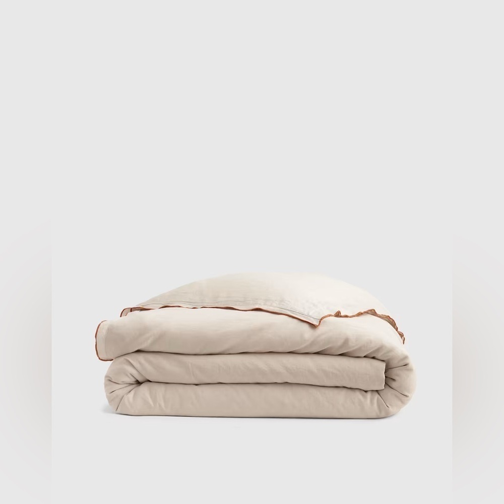 TWIN European Linen Double Embroidered Edge Duvet Cover in San with Terrcacotta